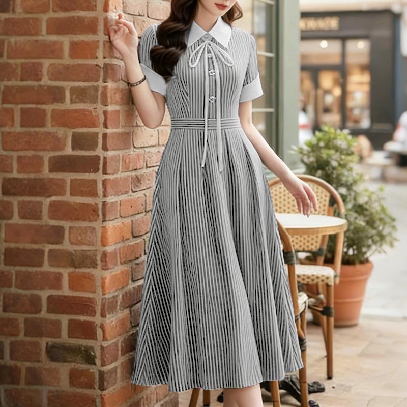ZANZEA Women Casual Turn Down Collar Summer Short Sleeve Stripe Dress