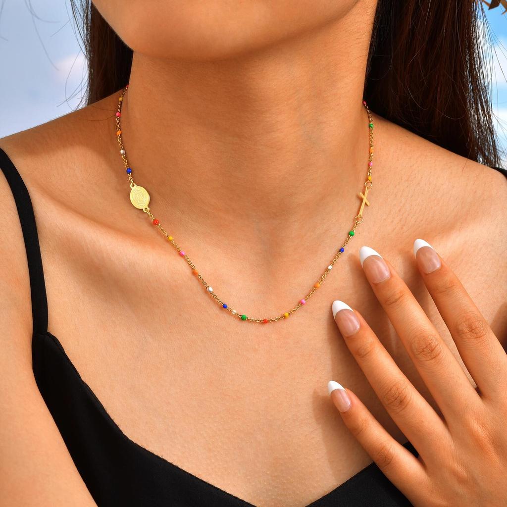 Sideway St. Collana con Croce di San Benedetto e Vergine Maria per Donna, Catena Satellite con Perline in Acciaio Inossidabile Smaltato, Gioiello Religioso