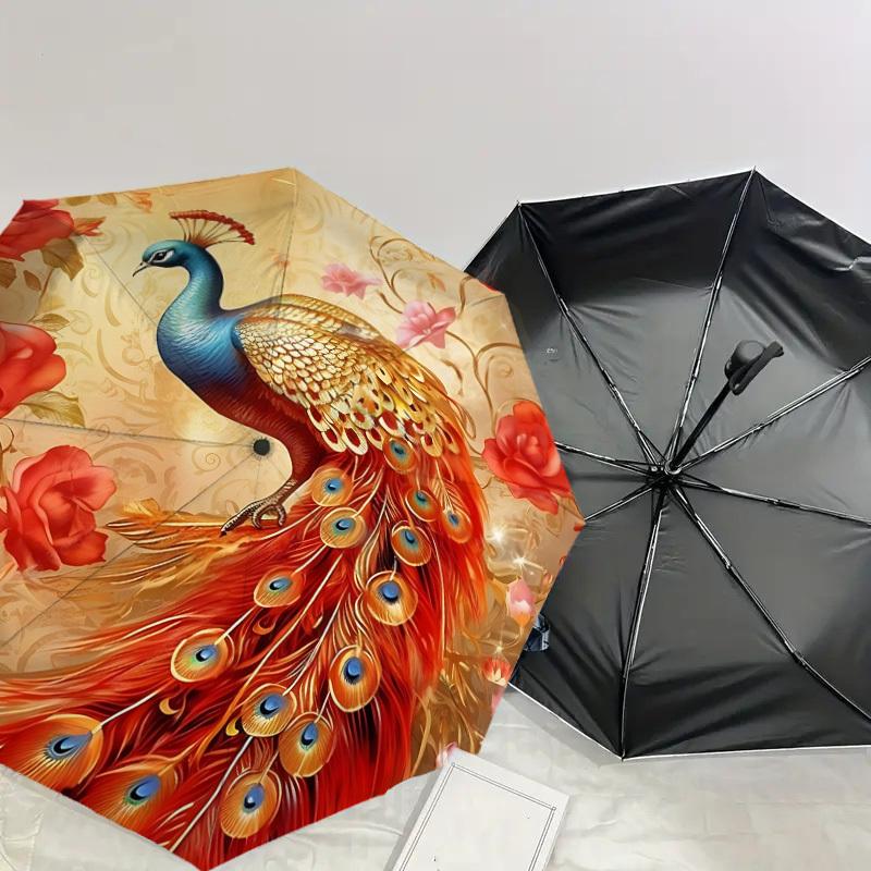 1PC Peacock Flowers Automatic Open/Close Umbrella with Windproof, 8-Rib Sturdy Canopy, Durable Ribs, Fashionable Design, 1304A