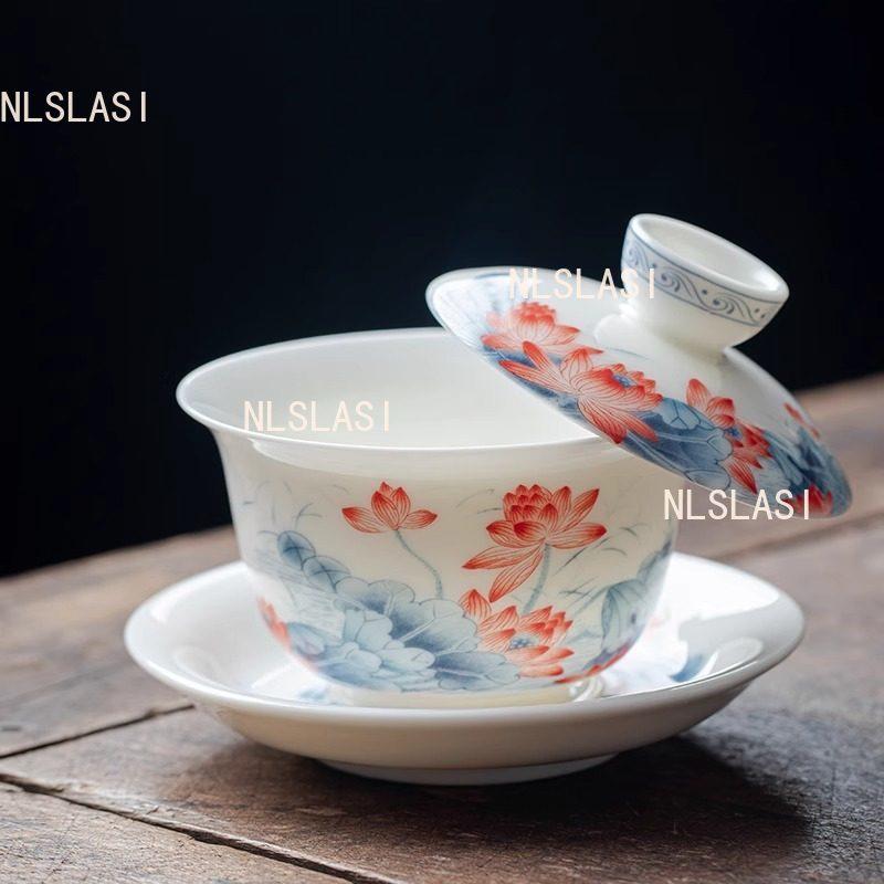 Jingdezhen Covered Bowl Sheep Fat Jade Tea Bowl Hoverable Tea Cup with Lid Chinese Underglaze Colored White Porcelain Teaset