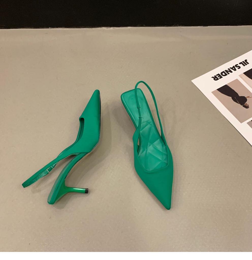 Dam Sommarskor 2024 Nya Mode Spetsig Tå Stilettklack Medellång Klack Höga Klackar Dam Sandaler Med Tom Tå Gröna Damskor