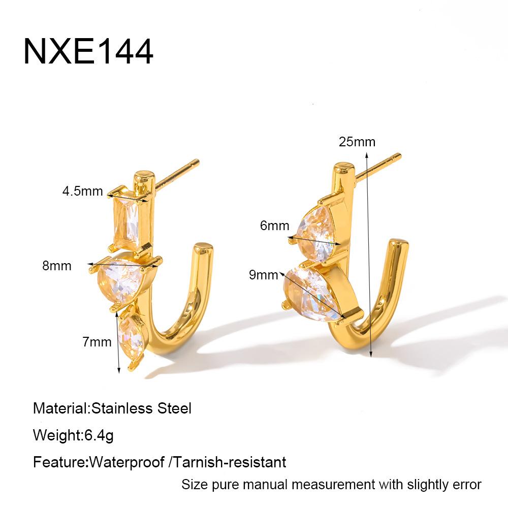 Ins Water Drop Zircon U Stud Earrings Women's Plated 18k Gold Stainless Steel Asymmetric Earrings Niche Design