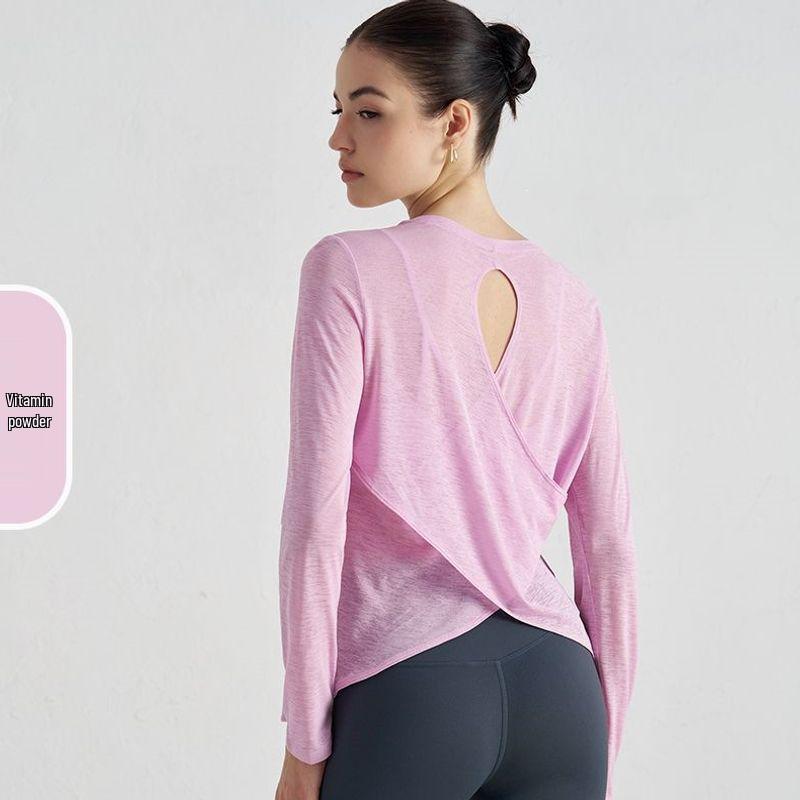 Women's Breathable Long Sleeve Yoga Top with Crossed Hem and Sun Protection