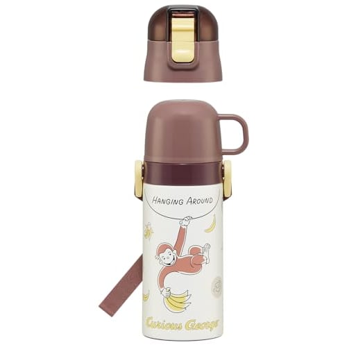 Skater Children's Water Bottle, 2-Way, Straw/Cup, 400ml Capacity, Curious George Design, Size 25, Boys and Girls, Stainless Steel, Lightweight, Insula