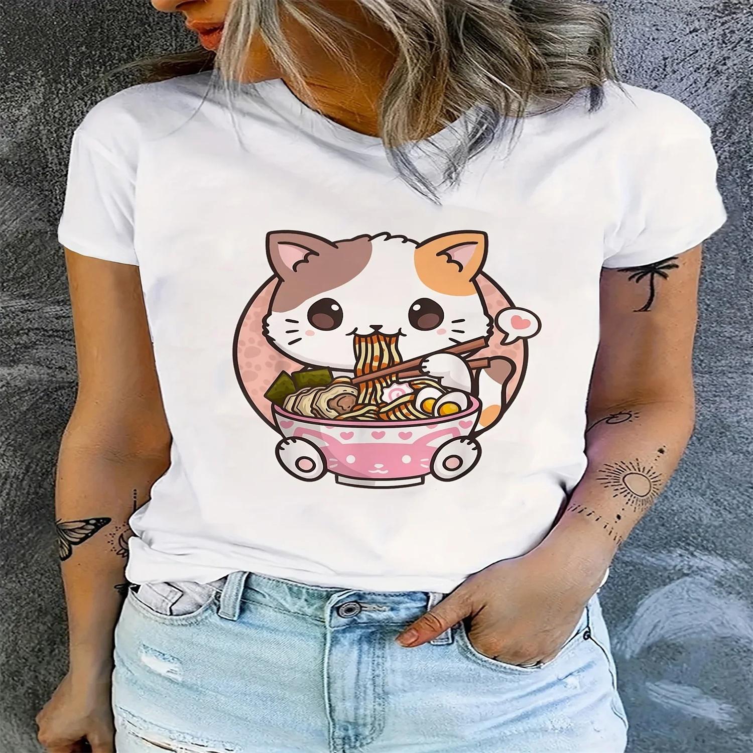 Cat Ramen Anime Print T-shirt, Casual Short Sleeve Summer T-shirt, Women s Clothing S