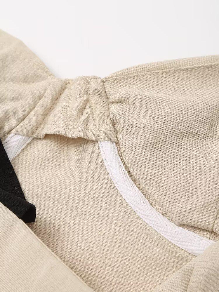 Summer Retro Color Block Bow Spaghetti Strap Dress - European & American Linen Blend Women's Clothing