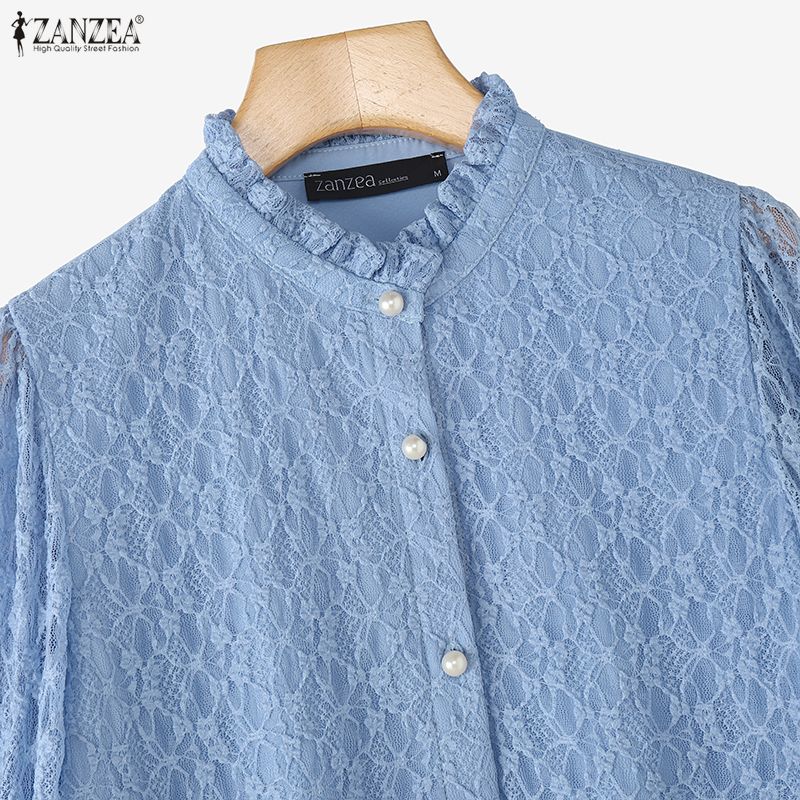 ZANZEA Women Casual Stand Collar 3/4 Sleeve Patchwork Lace Blouse