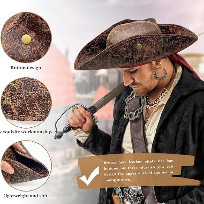 Faux-Leder Piratenhut Vintage Knitterig Abgenutzt Dreispitz Piratenhut Für Damen Herren Halloween Kostüm Cosplay Zubehör