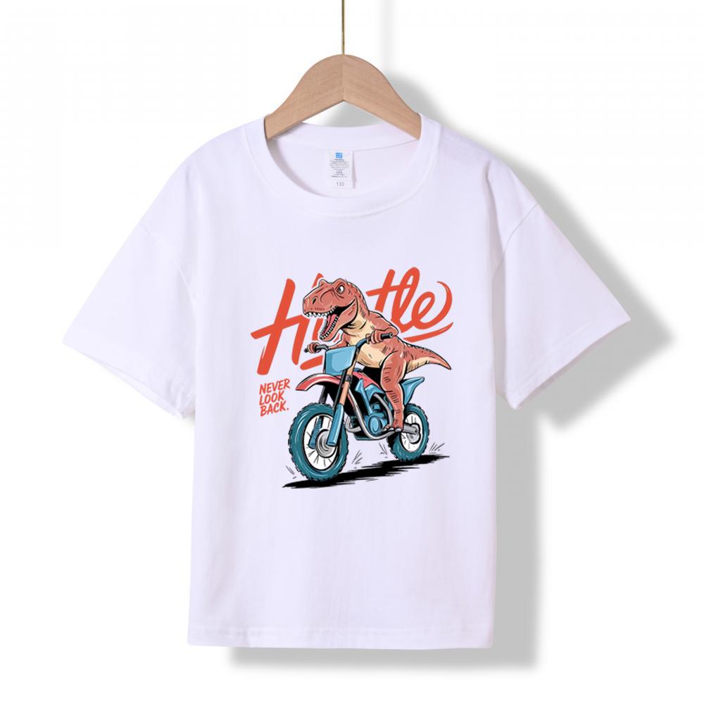 

MC-78 MINISO 2026 Summer Kids 100% Cotton T-Shirt Dinosaur Motocross Hustle Never Look Back Funny Cartoon Short Sleeve Tee for Boys 100