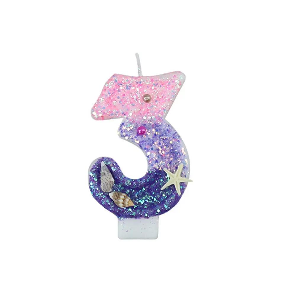 Gradiente Roxo Vela de Aniversário 1 Ano Sereia Vela de Aniversário para Bolo Brilhante Concha de Peixe Marinho Topper de Vela para Decoração de Festa