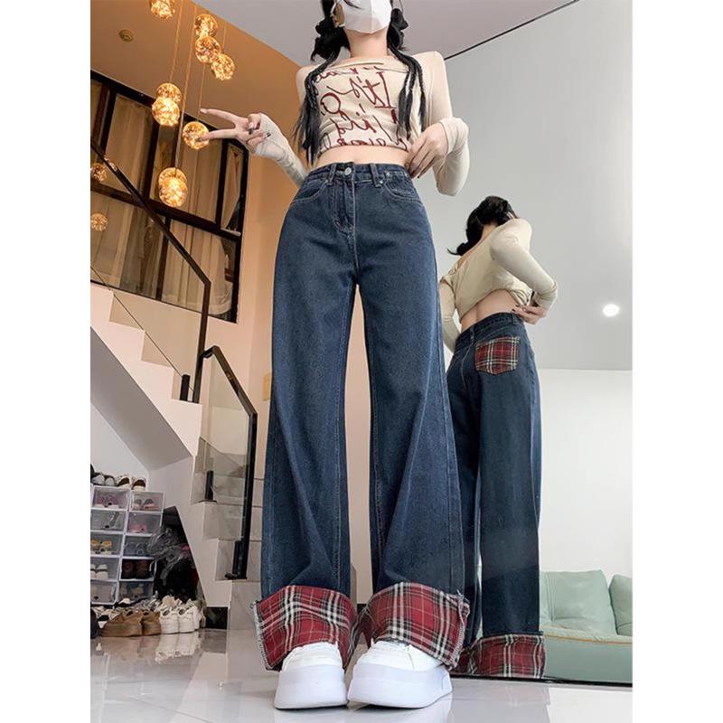 Women's Dark Blue Plaid Patchwork High-Waist Wide-Leg Jeans - Plus Size, Loose Fit, Slimming, Pear-Shaped, Autumn Style
