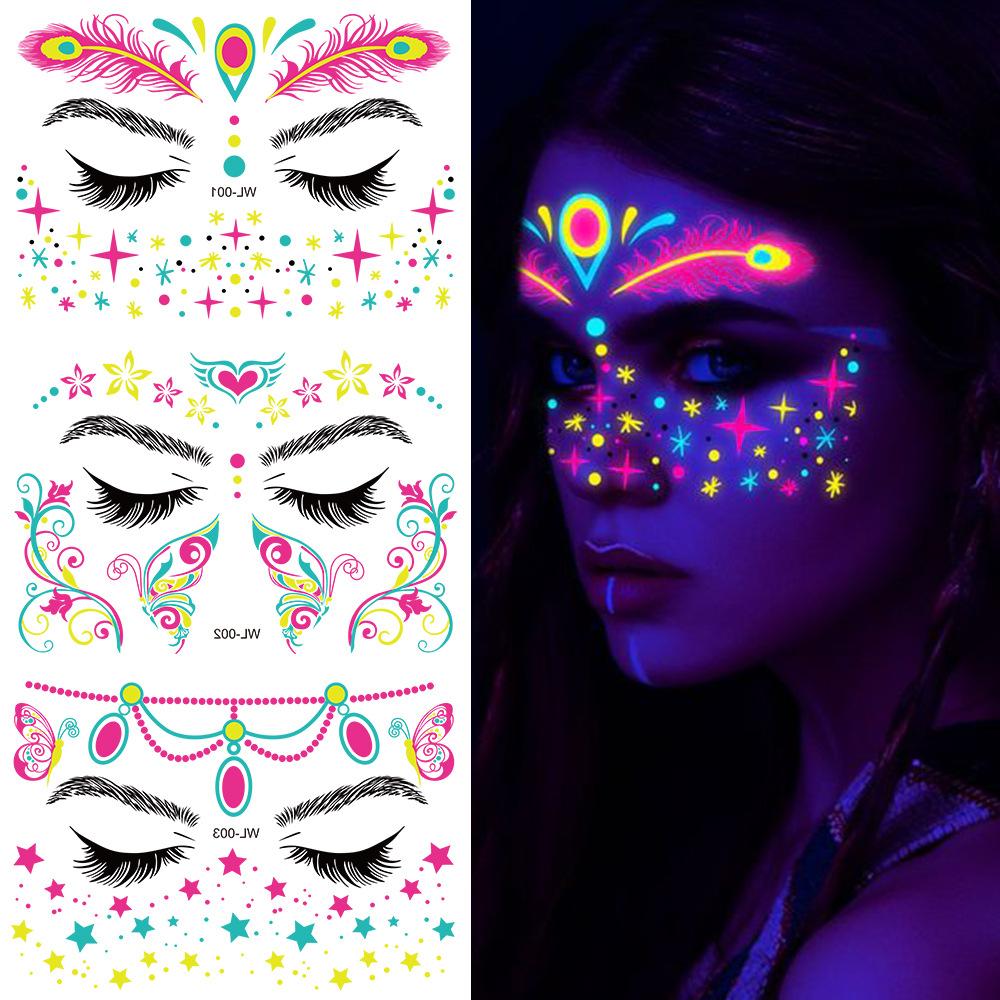 16 Fluorescent Face Stickers Nightclub Masquerade Neon Fluorescent Face Stickers Waterproof Music Festival Glow Tattoo Stickers