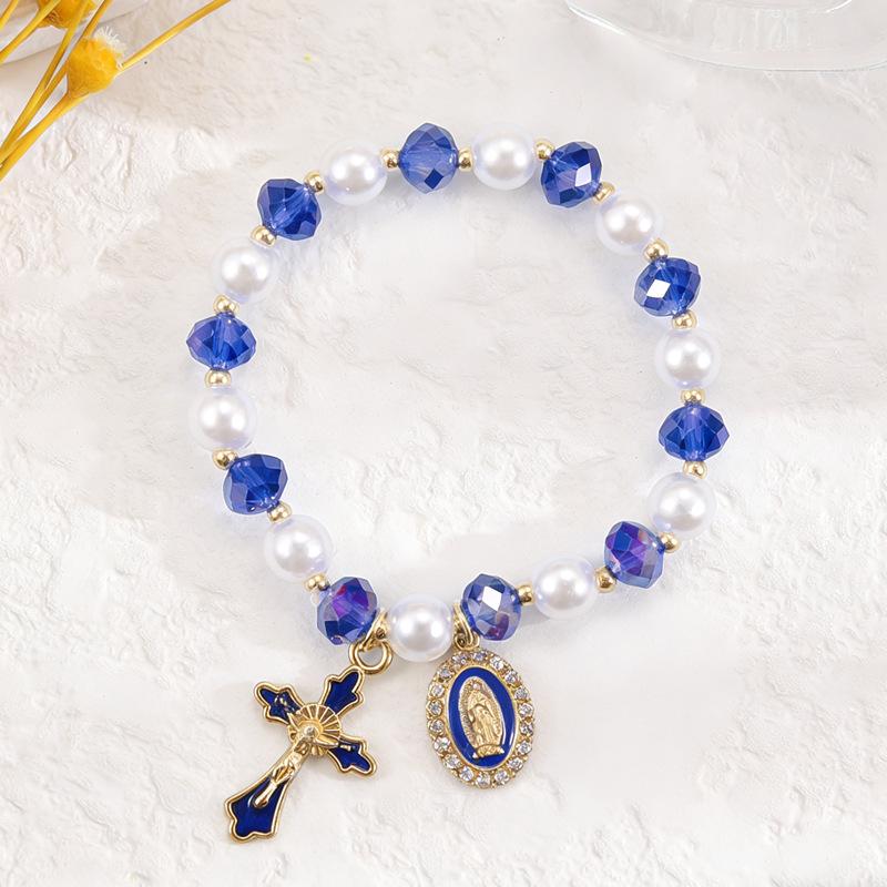 Retro Virgin Mary Pendant Pearl Bracelet with Oval Charm and Flower Design for Women