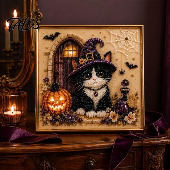 Decorative Hanging Pictures for Halloween Ghost Faux Pearl Art DIY Kit with Frame, Cat Painting Easy Projects Beginners Kit, 3D Witch Pumpkin