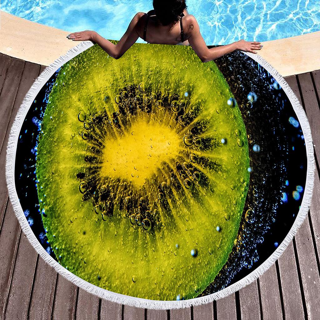 Tropical Fruit Green Kiwi Round Beach Towel Microfiber Soft Beach Blanket Quick Dry Sand Free Multi-Purpose Circle Bath Towel