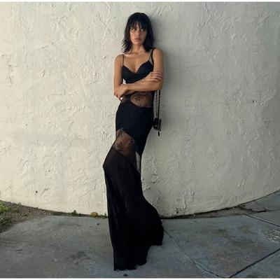 Kant Doorkijk Sling Maxi Jurk Vrouwen Sexy Slank Zwart Backless Mouwloos Lange Jurken Vrouwelijk 2025 Zomer Feest Avondjurk