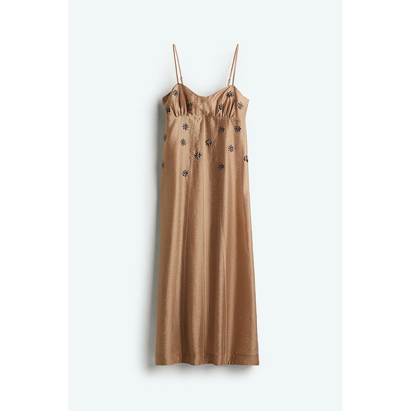 

HM S/S 2025 Women s Clothing Dress Autumn New Arrival Fashionable See-through Embellished Sling Dress 1284633 Dark beige 165/96