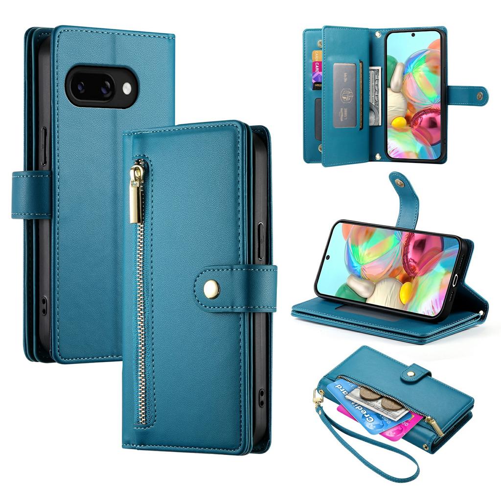 DF-011 For Google Pixel 9a Case Zipper Pocket Wallet Leather Phone Cover with Straps