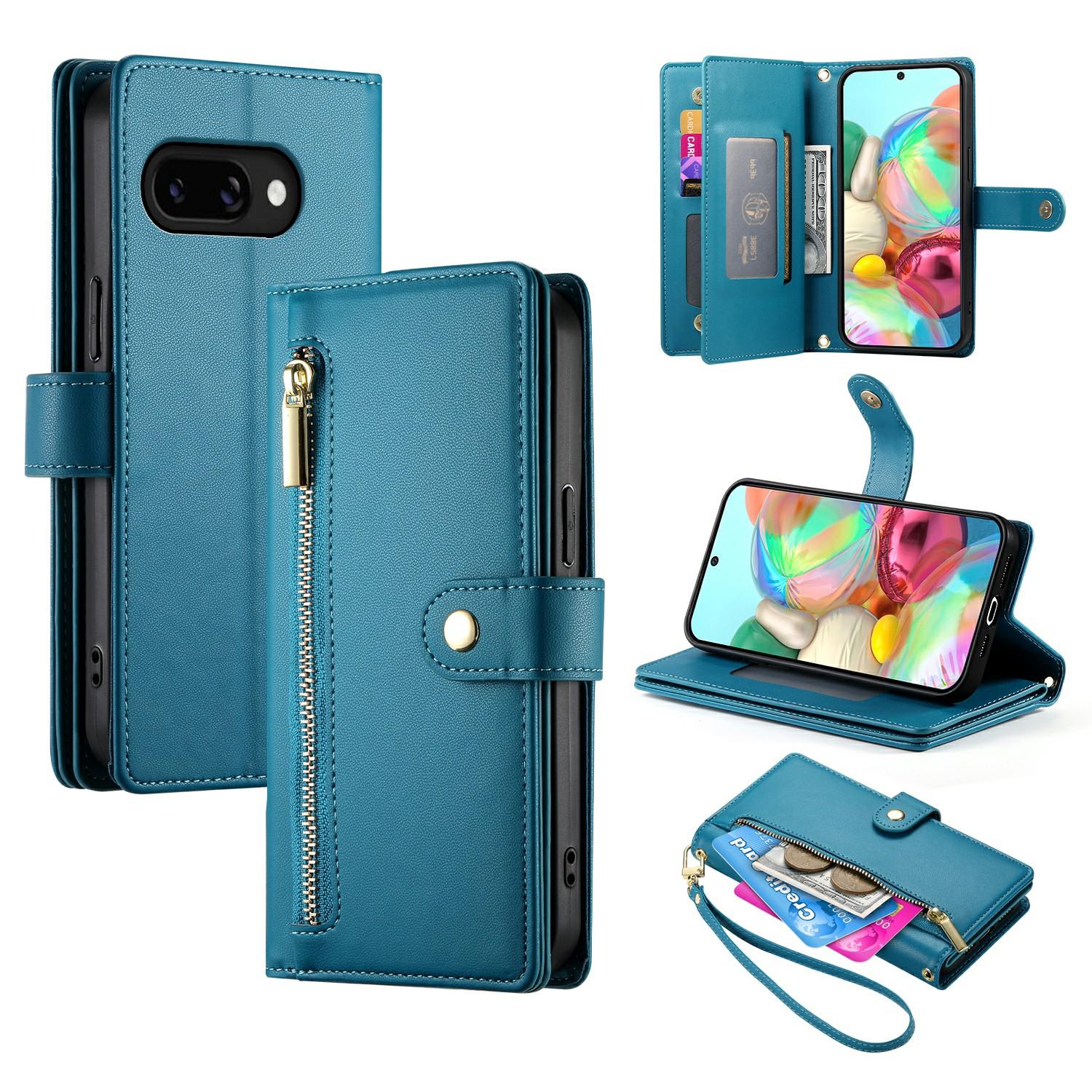 

DF-011 For Google Pixel 9a Case Zipper Pocket Wallet Leather Phone Cover with Straps F