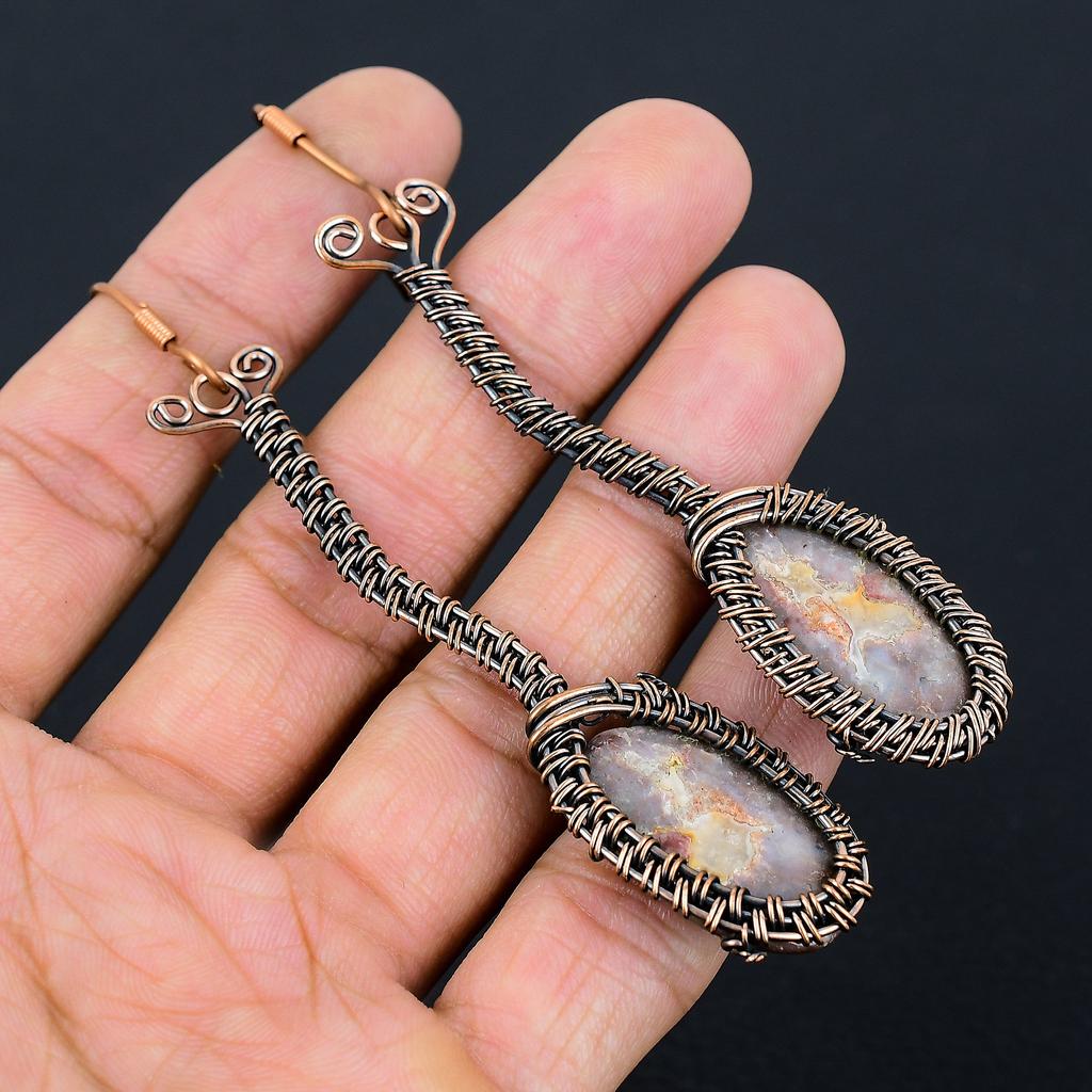 Natural Laguna Lace Agate Gemstone Copper Wire Wrap Gift Earring 3.86 M8B96