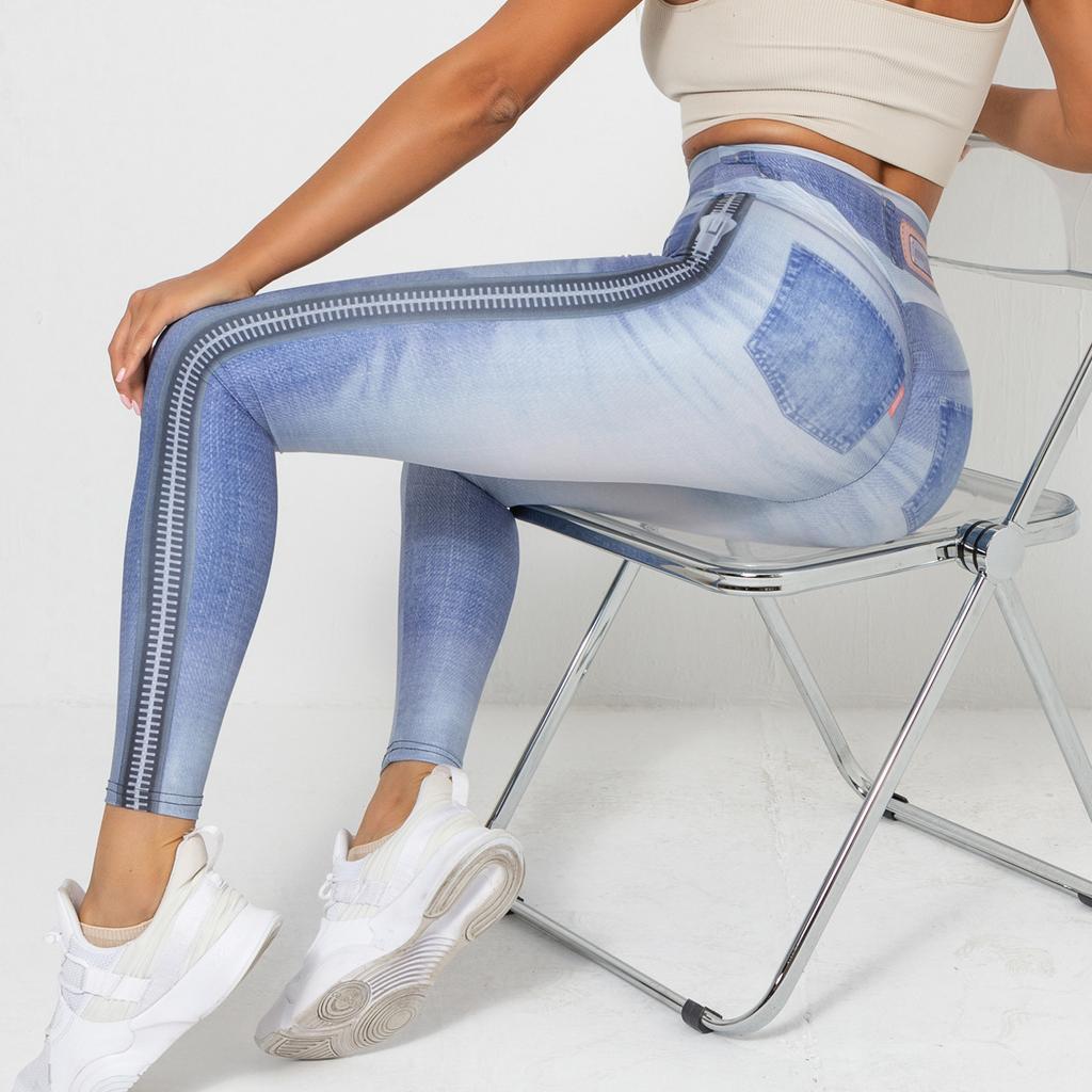 Digital bedruckte Denim-Hose in Blau, enge Höhe, schnelltrocknende Yoga-Hose, Sport-Laufhose, Fitness-Hose für Damen