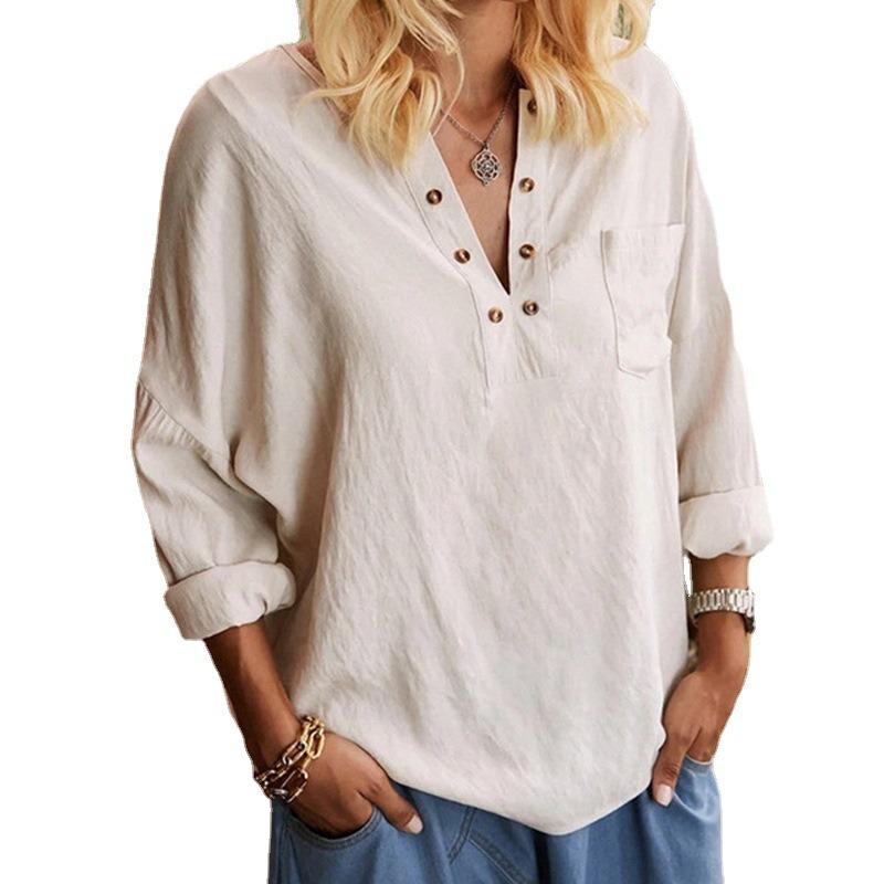 Autumn New Cotton and Linen Women's Shirt Plus Size Solid Long Sleeve Vintage Casual Blouse Women Tops Fashion Buttons V Neck Simple Shirts 24690