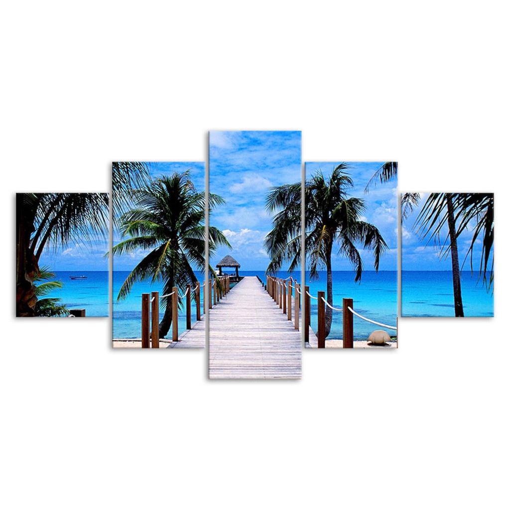 Beach Palm Trees Bridge Seascape 5 Piece Five Panel Wall Canvas Print Modern Art Poster Pictures Home Decor Gift For Him For Her