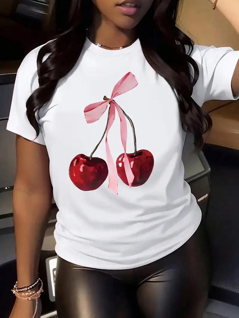 Damen Kirschdruck Kurzarmtop mit kostenlosem Versand - Europäischer & Amerikanischer Stil