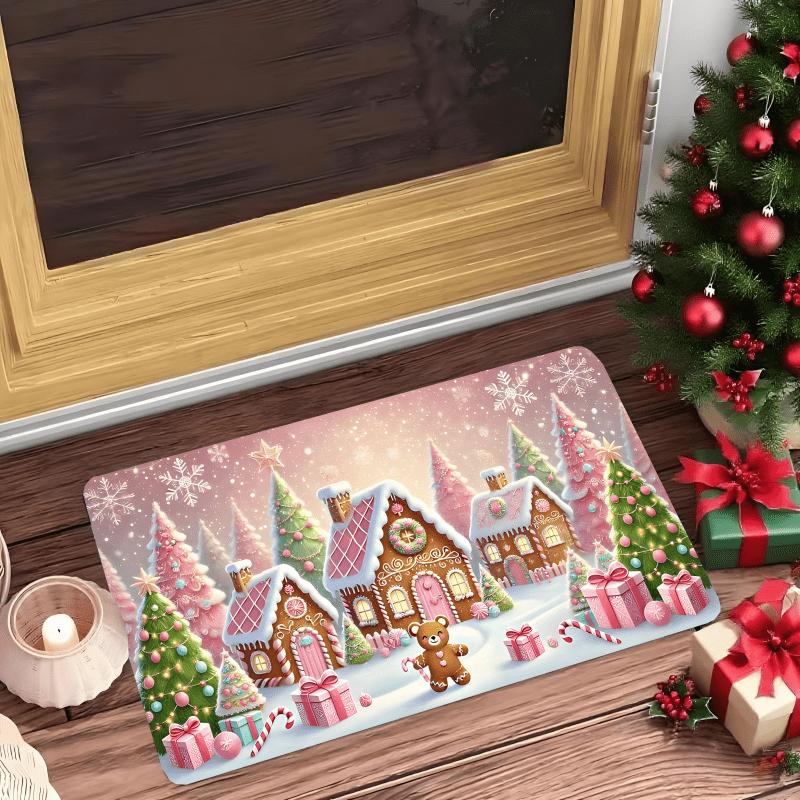 Rosa Lebkuchenhaus Fußmatte Plüsch Weicher Teppich, Zuckerstange Schneeflocke Design Maschinenwaschbar Türteppich für Winterdekoration