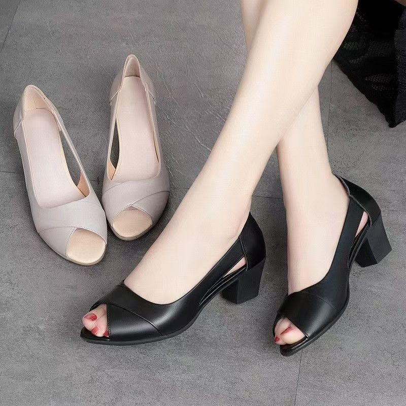Women's Summer New Block Heel Peep Toe Leather Sandals Soft Sole Non Slip Hollow Out Light Shallow Slip On Middle Aged Sandals