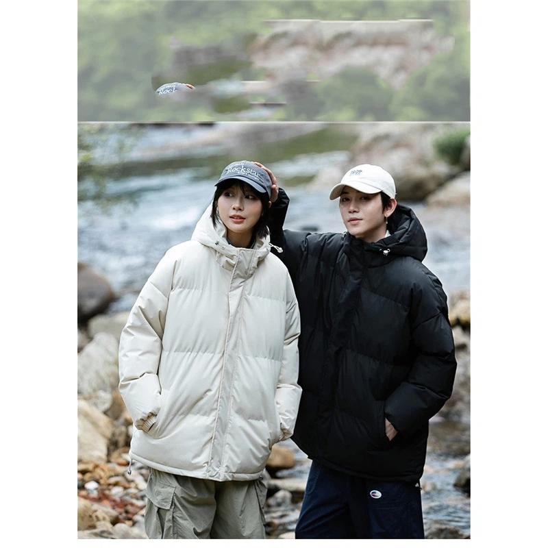 Couple's Winter Loose Hooded Solid Color Thick Warm Cotton Jacket