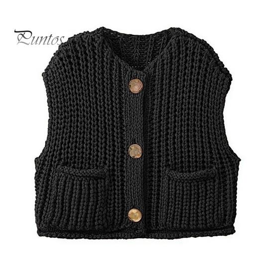 

Женский свитер-жилет с V-образным вырезом, без рукавов, на пуговицах, кардиган с карманами, однотонный, свободный крой, вязаный крючком топ M