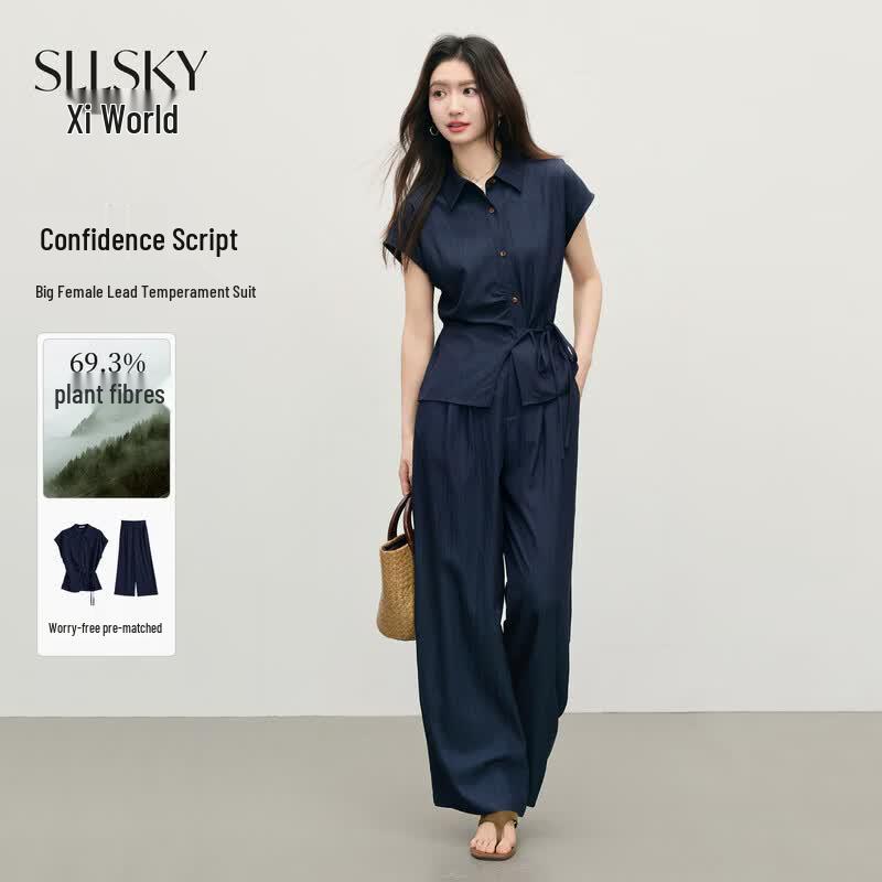 SLLSKY Women s Ice Silk Casual Shirt & Wide-Leg Pants Set S