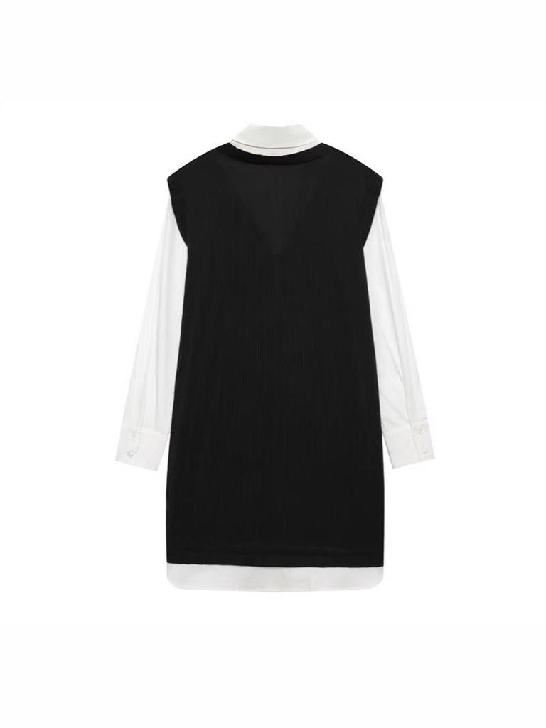 New Arrival Women's Faux Two-Piece Patchwork Color Block Shirt Dress - Spring & Autumn Academic Casual Style