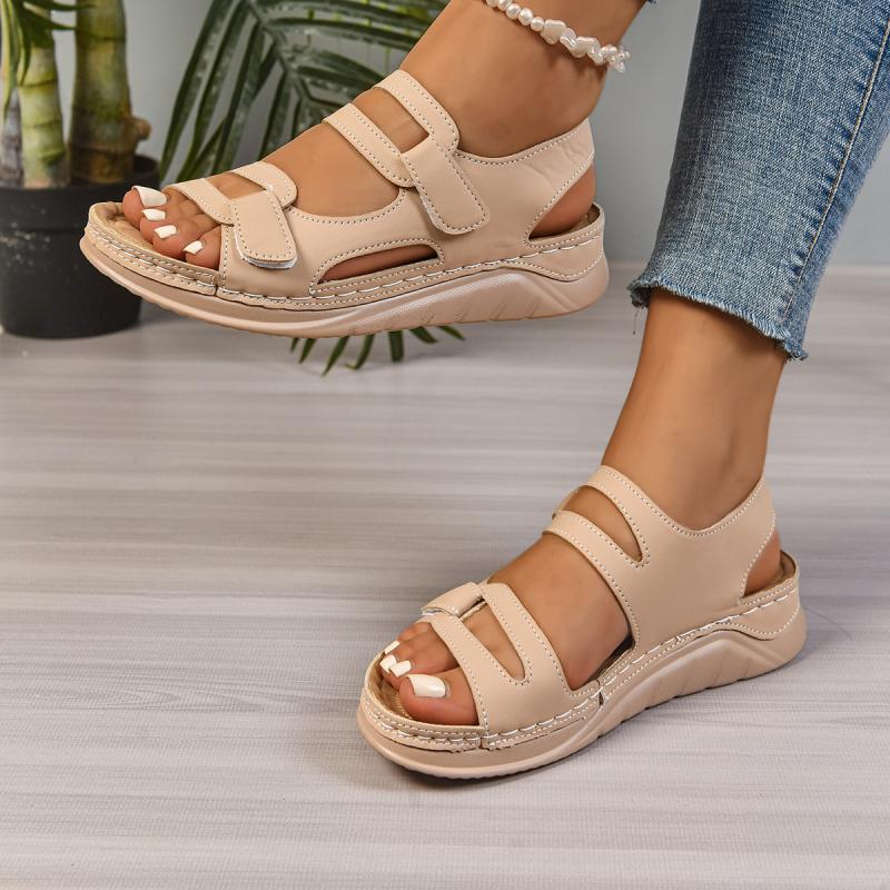 Fashion Casual Hollow Out Nude Velcro Sandals Women 2025 Summer Round Toe Wedge Heel Sandals Comfortable Soft Sole Non Slip Mom's Shoes