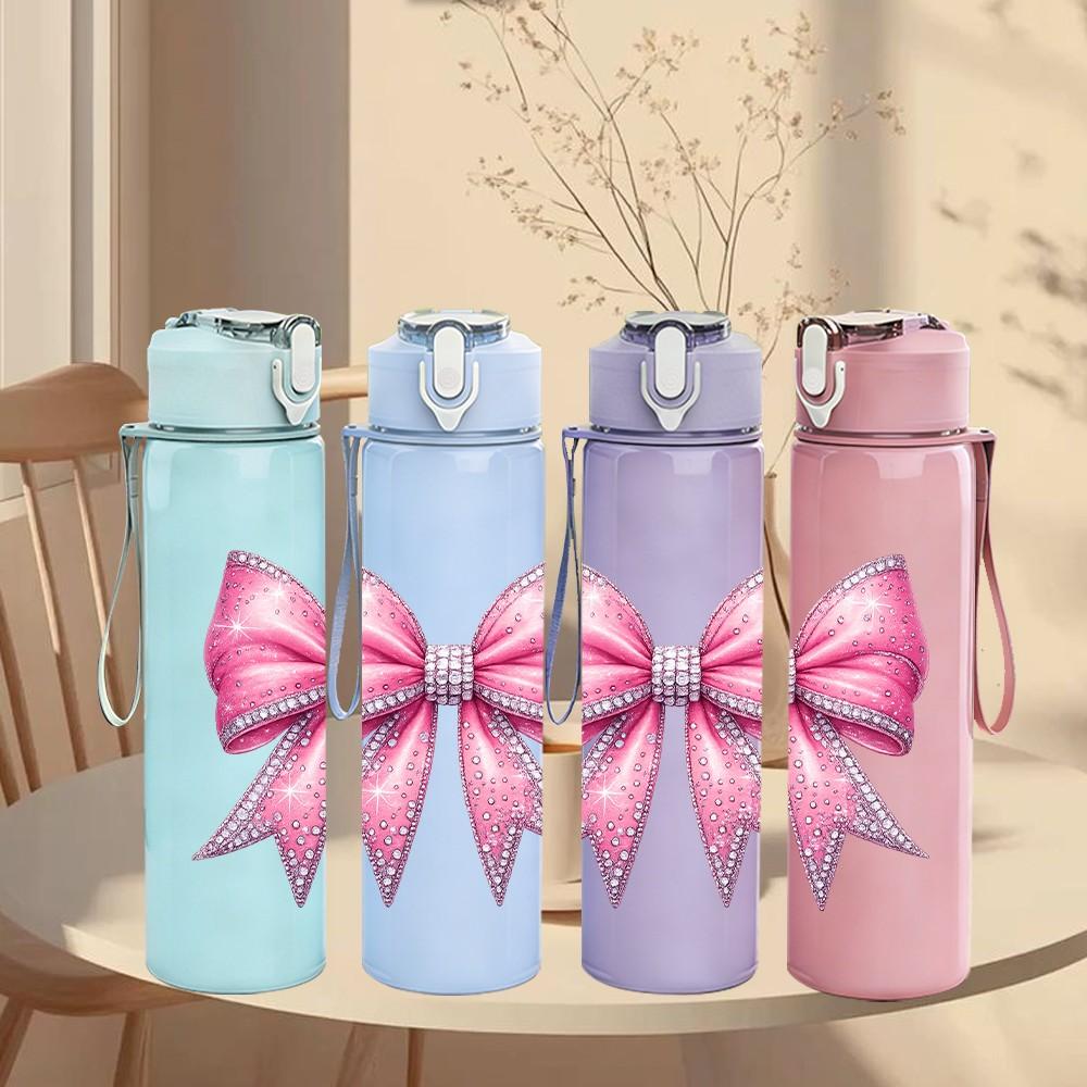 1PC Elegant Pink Fabric Bow Decoration Print 750ml Color Plastic Sports Water Bottle Leakproof Flip Straw Lid Suitable for Sports Office Home Use