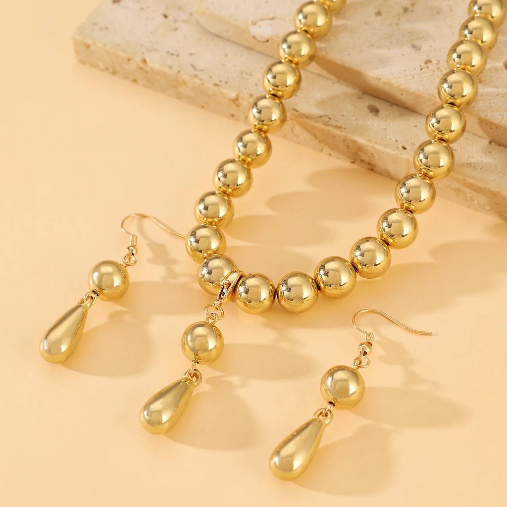 Exaggerated Round Bead Chain Necklace Gold Color Ladies Zircon Sets CCB Imitation Metal Texture Water Drop Pendant and Earrings