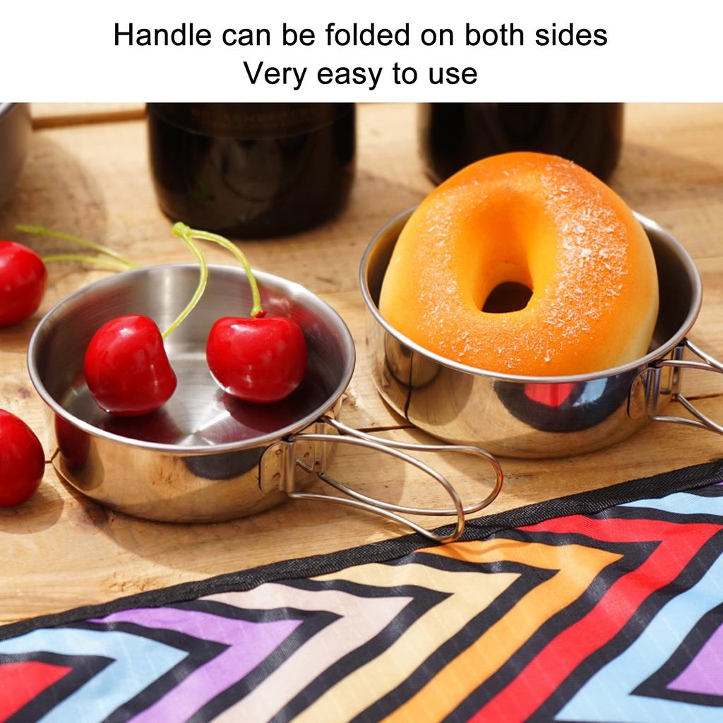 Outdoor Stainless Steel Bowl Portable Mini Camping Bowl with Foldable Handle for Camping Cookware Mess Kit