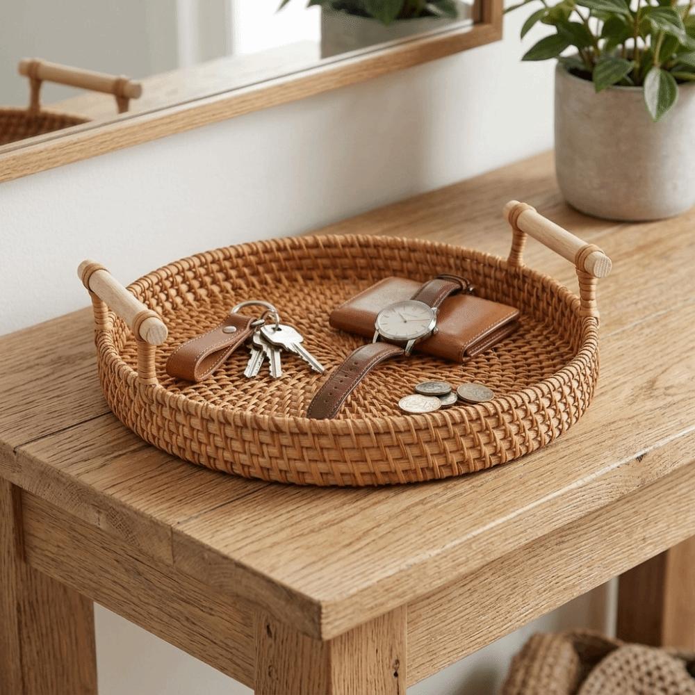 Mehrzweck mit Handgriff Geflochtenes Tablett Geflochtene Ranke Natürliche Textur Teetablett Retro-Stil Glatte Snackplatte Nachmittagstee