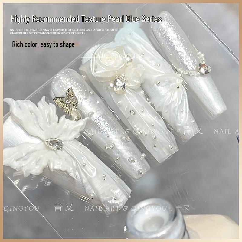 

2024 Bridal White Satin Gel Polish: Three-Dimensional Pearl Mother-of-Pearl Nail Art