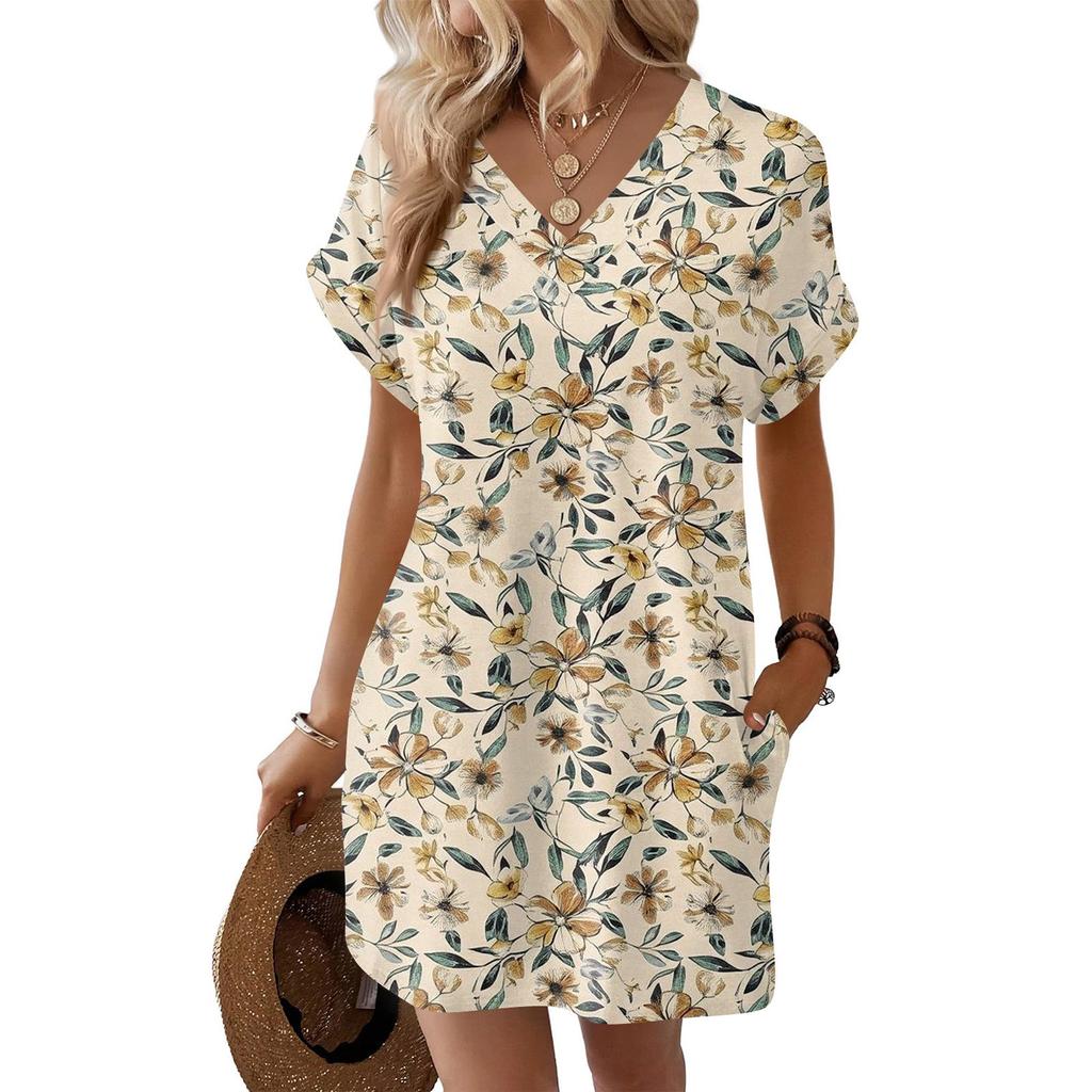 Short Sleeve Women's Dress Casual Dresses With Pockets V Neck Vocation Boho Beach Sundress