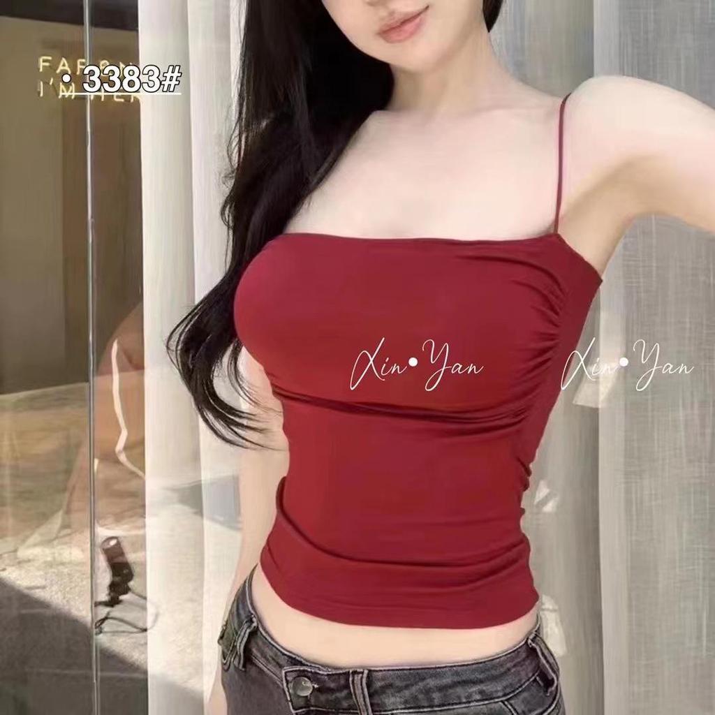 Damen Französisch Chic Spaghetti-Träger Plissee Tube Top Camisole mit gepolsterter Brust