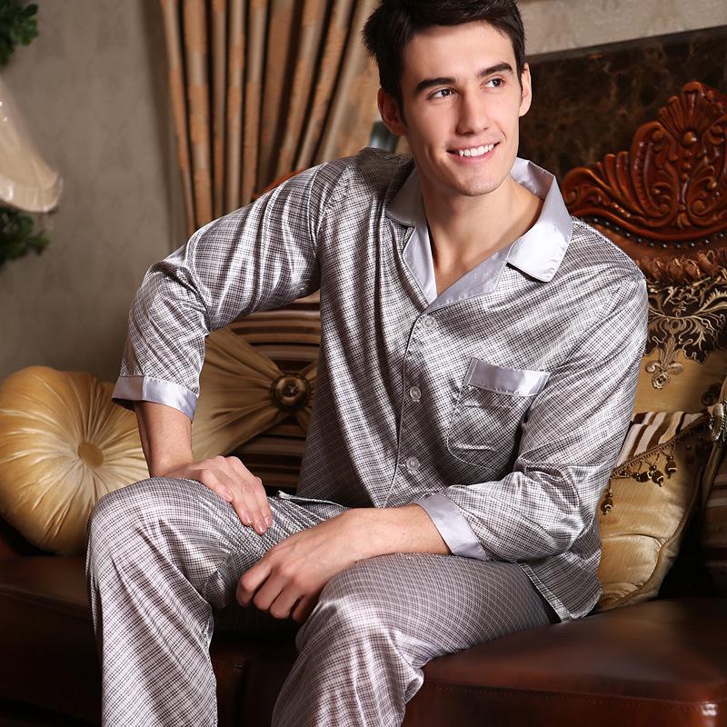 Men's Silk Long Sleeve Pajamas Set: Spring to Autumn, Lightweight, Loose, and Comfortable Homewear.