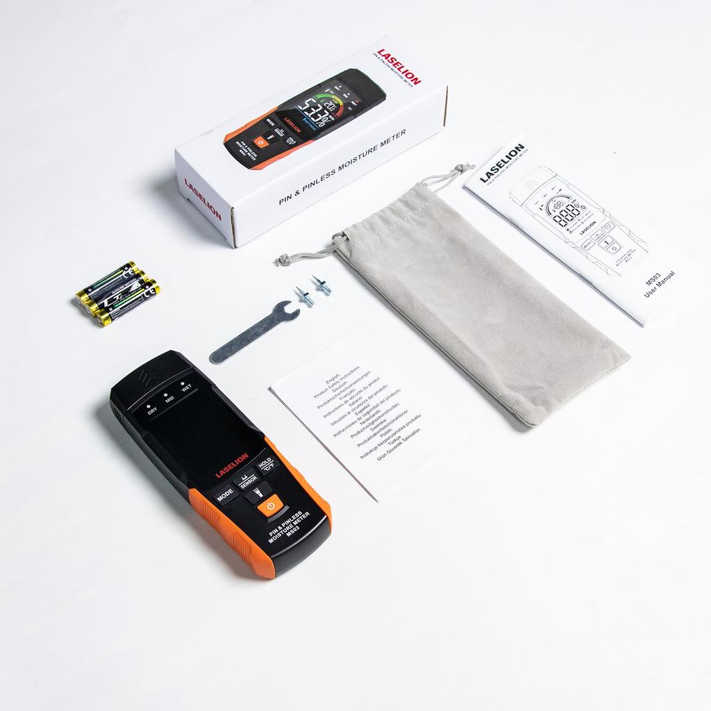 LASELION 2-in-1 Pin & Pinless Moisture Meter MS03 – Accurate Moisture Detection for Wood, Concrete, Drywall, Etc. – LCD Display with Hold Function, Fl