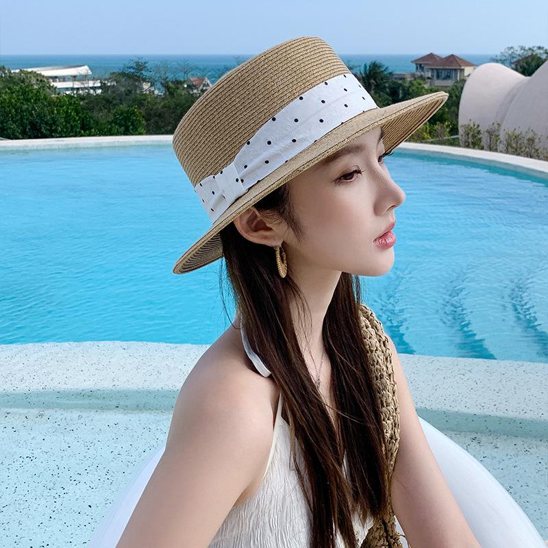 French elegant fashionable straw hat women's summer seaside vacation casual sun hat ribbon flat top hat sun hat