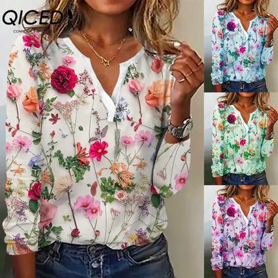 Blusas & Camisas Casuais Femininas da Moda com Manga Longa e Decote em V