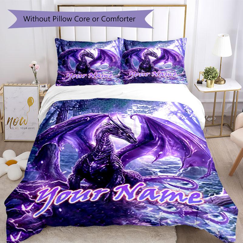 3PC Custom Name Purple Dragon Fantasy Bedding Set Duvet Cover Closure Includes 1 Duvet Cover & 2 Pillowcases for Bedroom
