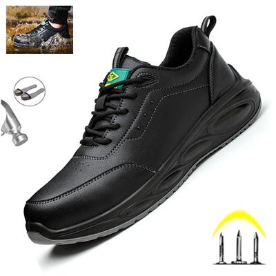 Zapatos de trabajo de seguridad de cuero negro para hombre, zapatillas protectoras antigolpes y antipinchazos, calzado masculino indestructible resistente al aceite