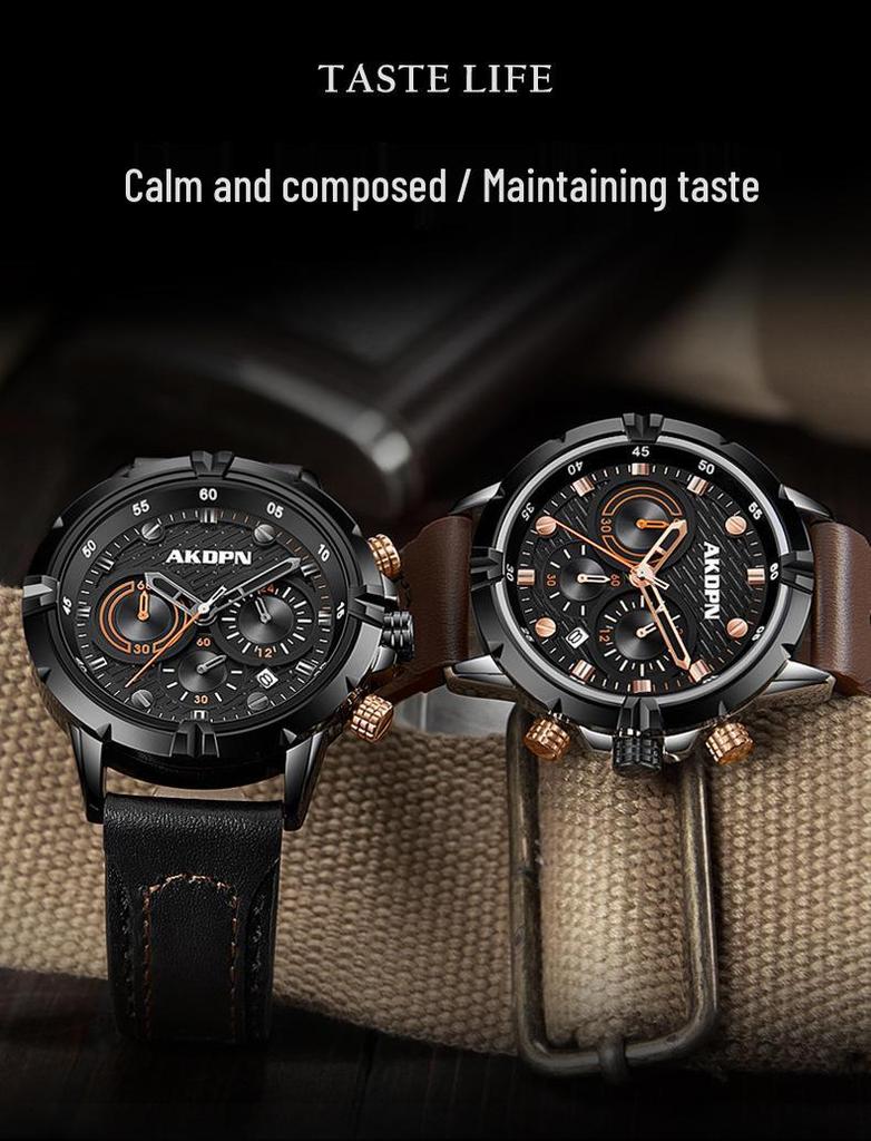 AKDPN Men's Multi-Function Chronograph Quartz Watch with Leather Strap