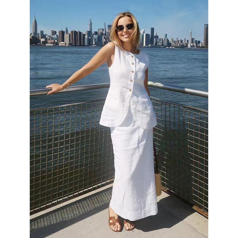 

Fashion New Arrival Casual Minimalist Vest High Waist Skirt Suit Fashion Vest and Skirt Set White L